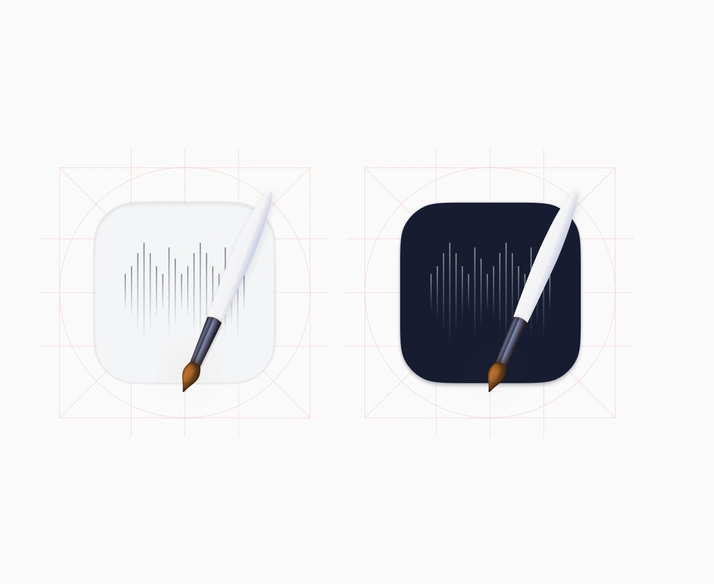 Finished app icon in light and dark, each drawn over a construction grid