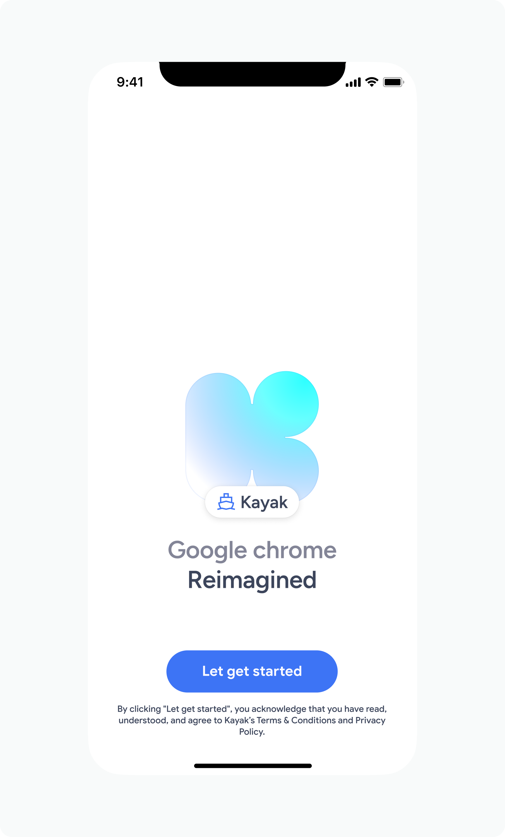 Kayak onboarding screen with 'Google chrome Reimagined'