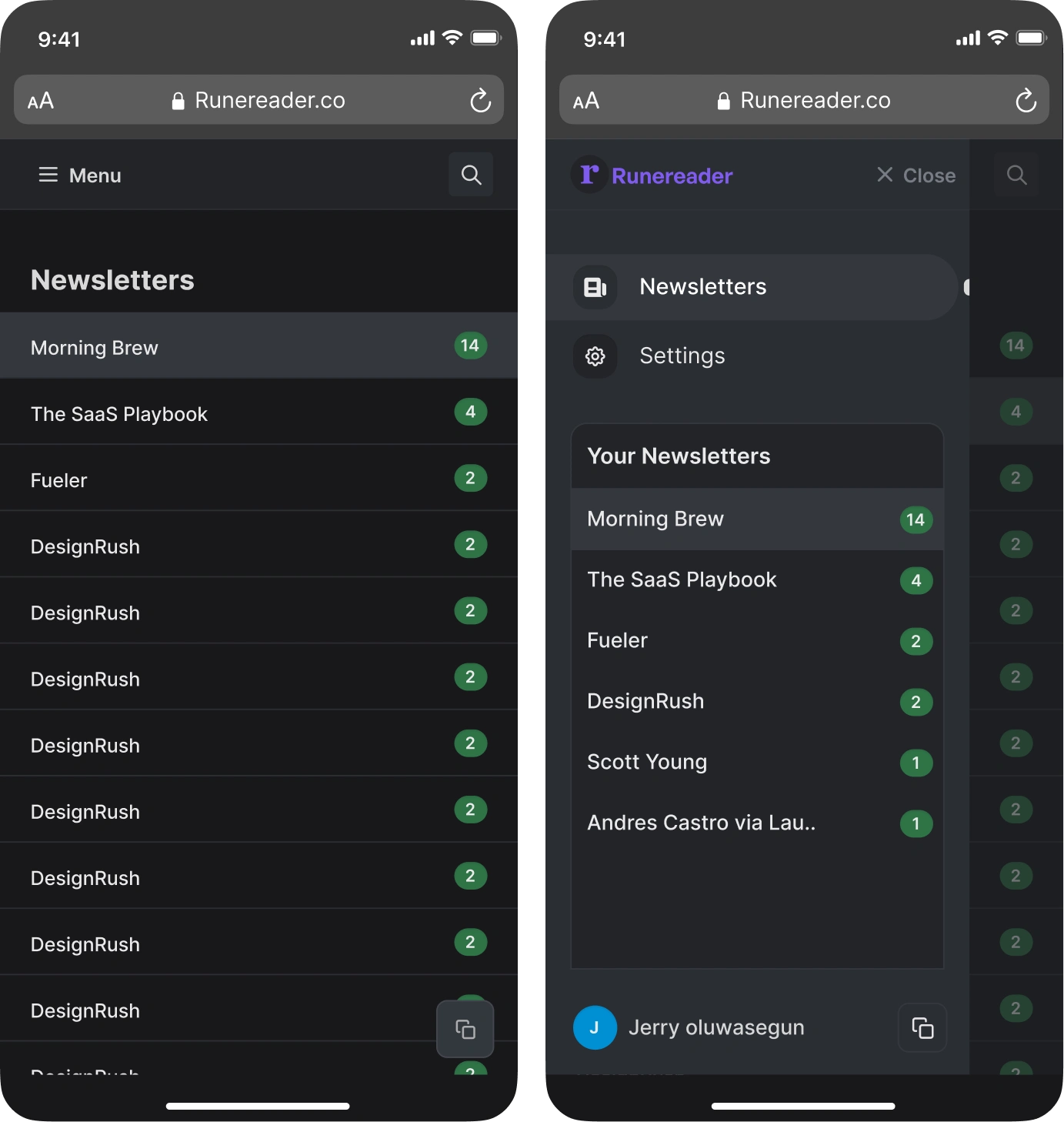 Newsletter list and menu on mobile