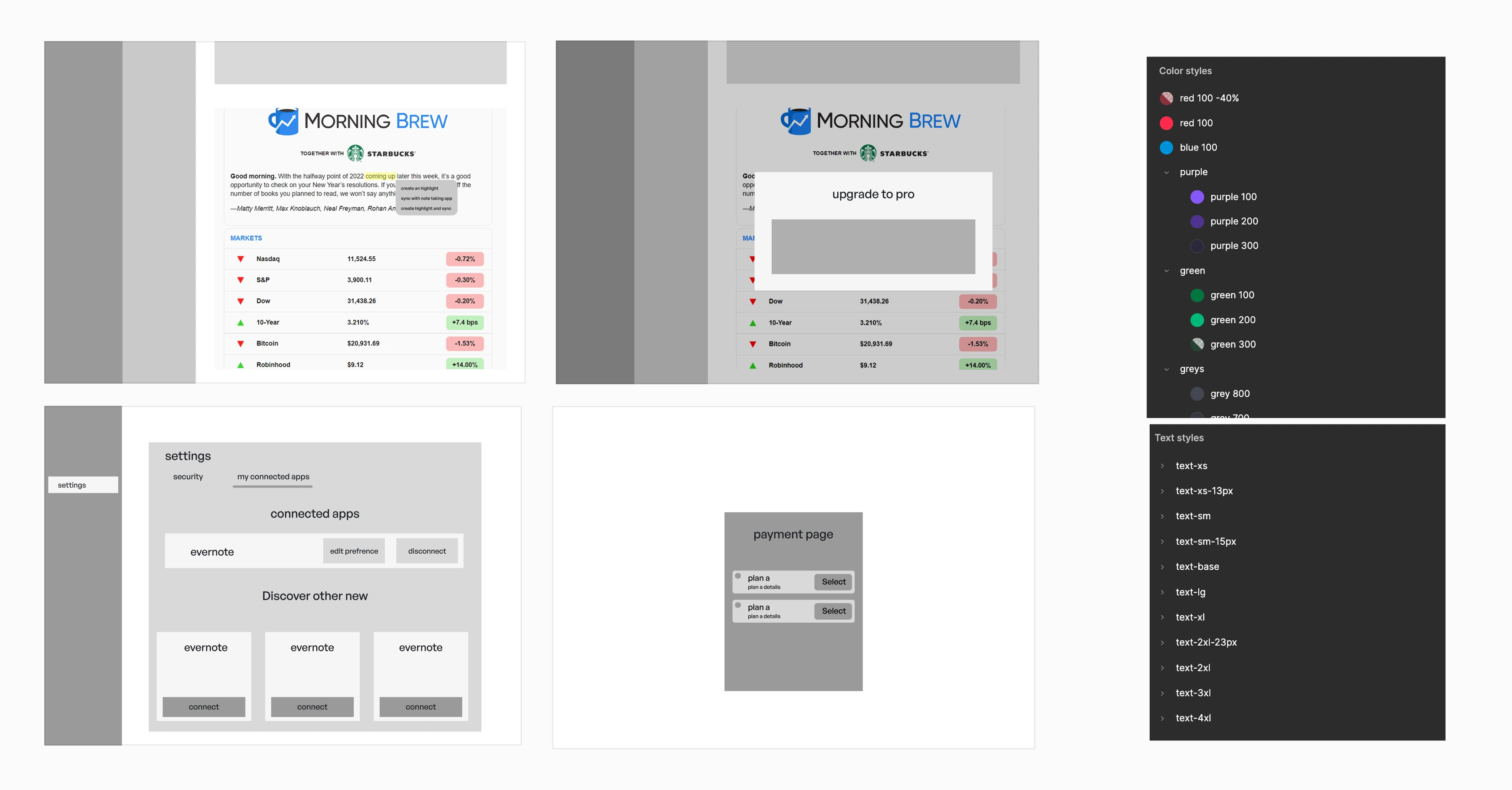 Wireframes, settings mockup, payment mockup, and colour/text style panel